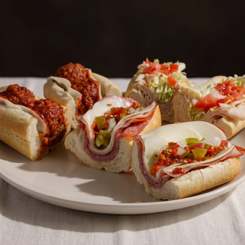 Assorted meatball and deli sandwiches topped with melted cheese, lettuce, tomatoes, onions, and peppers on a plate.