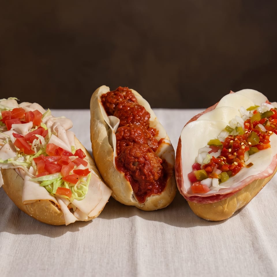 Three loaded hot dogs topped with vegetables, melted cheese, chili, and spicy salsa on a white tablecloth.