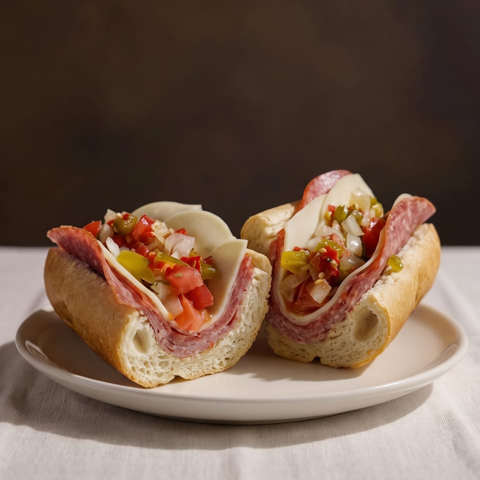 Two Italian-style deli sandwiches with salami, cheese, tomatoes, onions, and peppers on a plate.