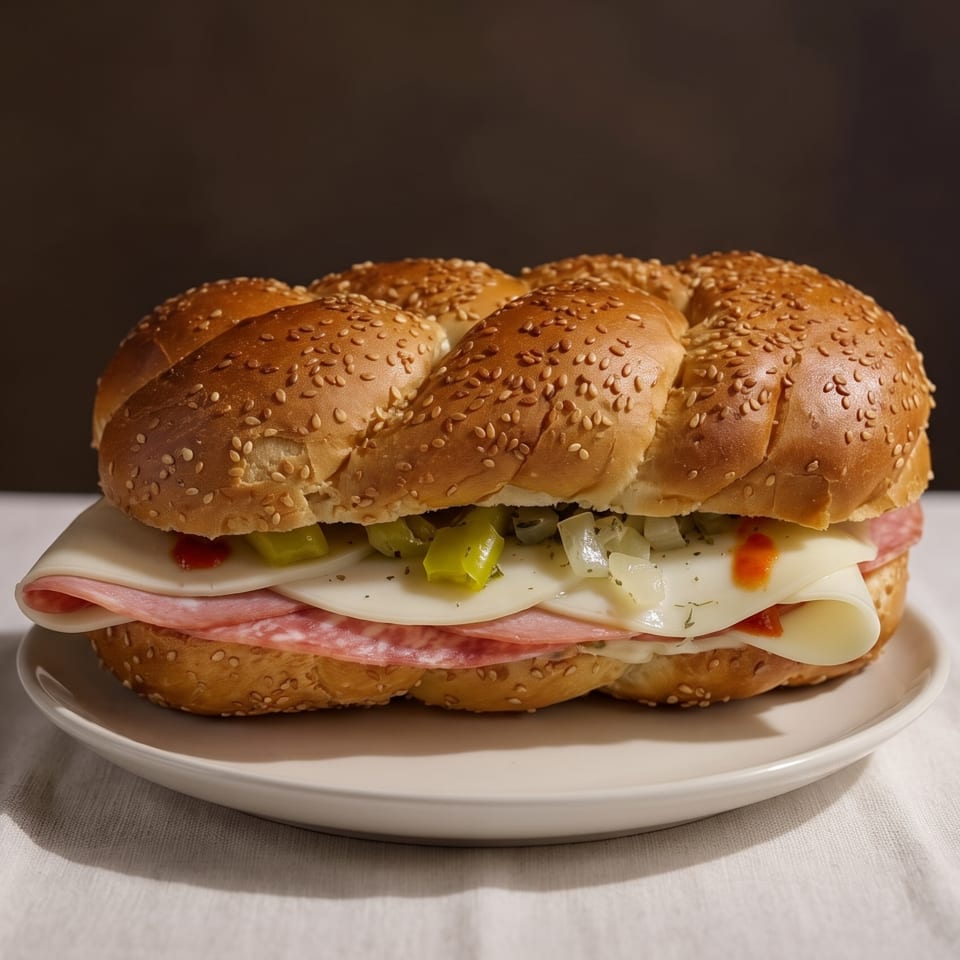 Sesame-seed braided sandwich bun filled with sliced ham, cheese, onions, peppers, and tomato sauce on a plate.